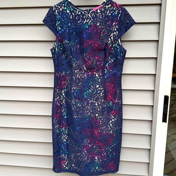Betsey Johnson size 14 Navy Lace Overlay Floral Sheath Dress - Picture 1 of 13